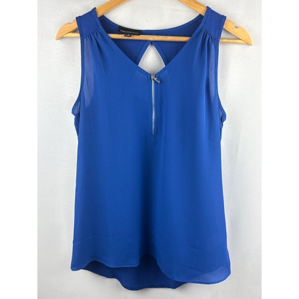 Fortune+Ivy Womens Sleeveless Blue Blouse With Front Zipper Accent - Size S